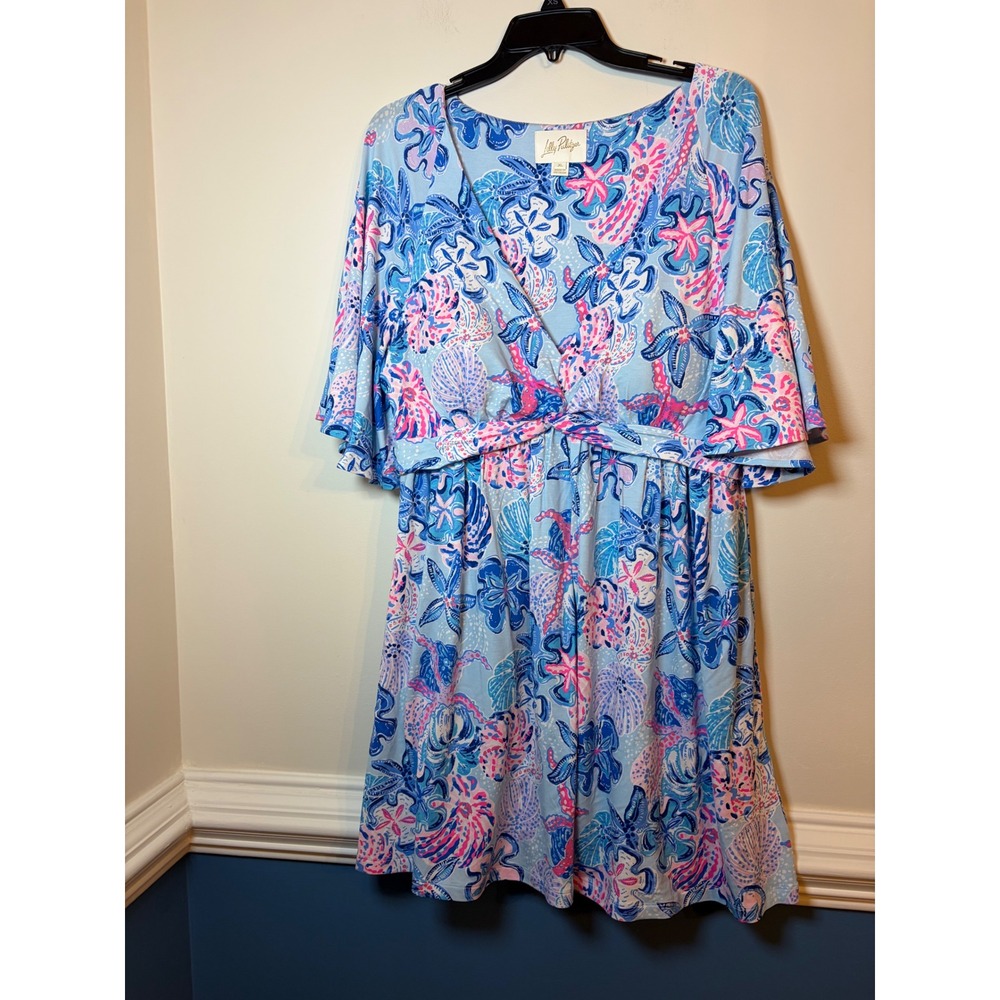 Lilly Pulitzer Romper Women XL Blue Coastal Starfish Built In Cups Bell Sleeve